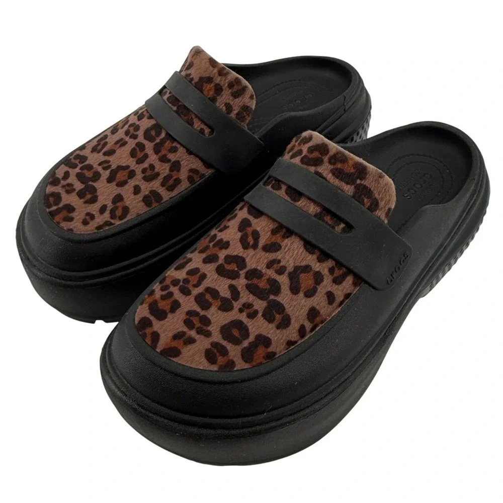 Crocs Stomp Leopard Loafer Clog Black Women 9 Platform Chunky Y2K Slip On Funky